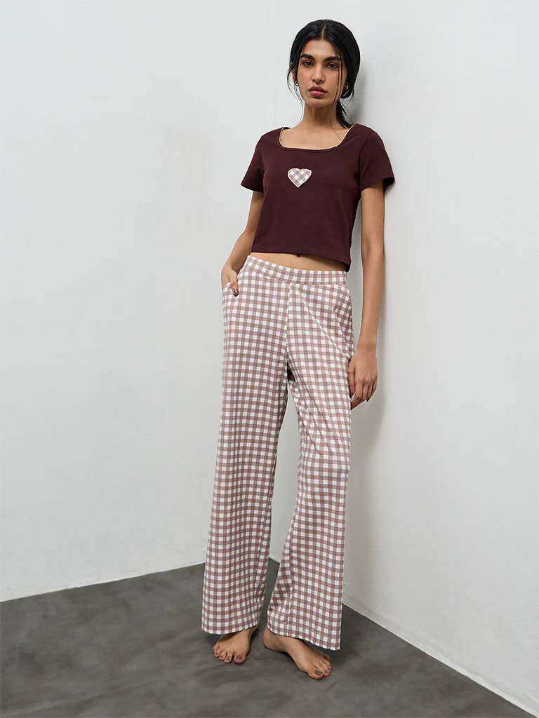 Superstar Taupe Checkered High-Rise Cotton-Blend Pants