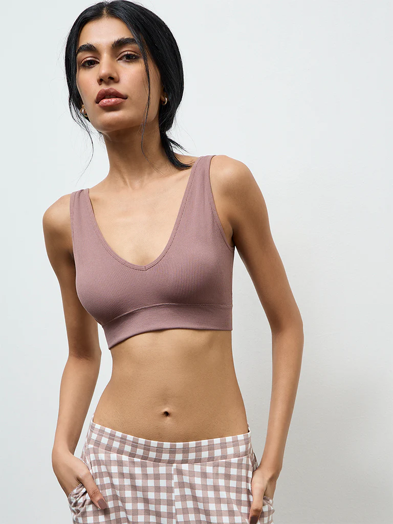 Superstar Taupe Ribbed Padded Bra - Image 2