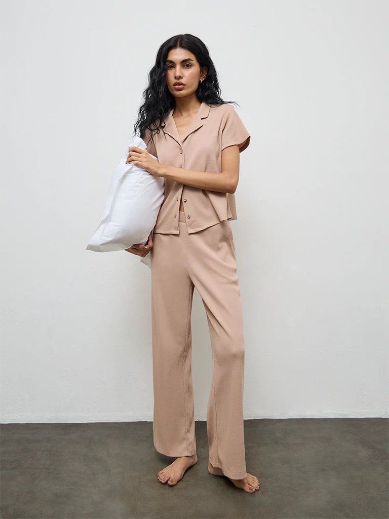 Superstar Taupe Waffle-Textured High-Rise Pants