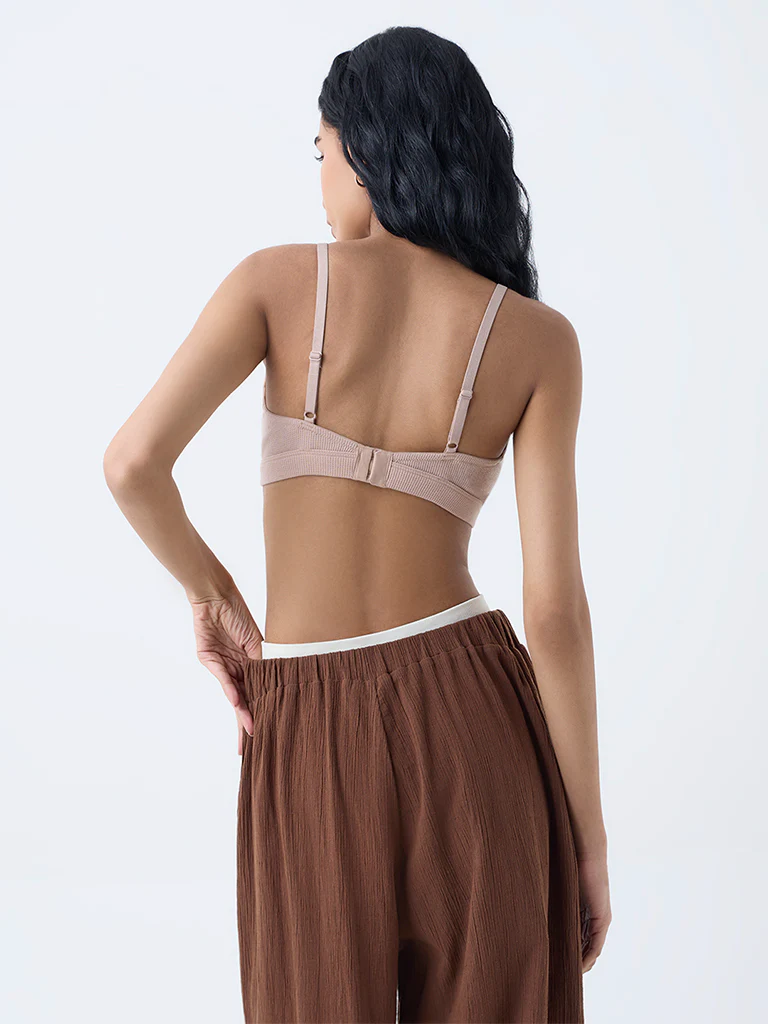 Superstar Taupe Waffle-Textured Padded Cotton-Blend Bra - Image 4
