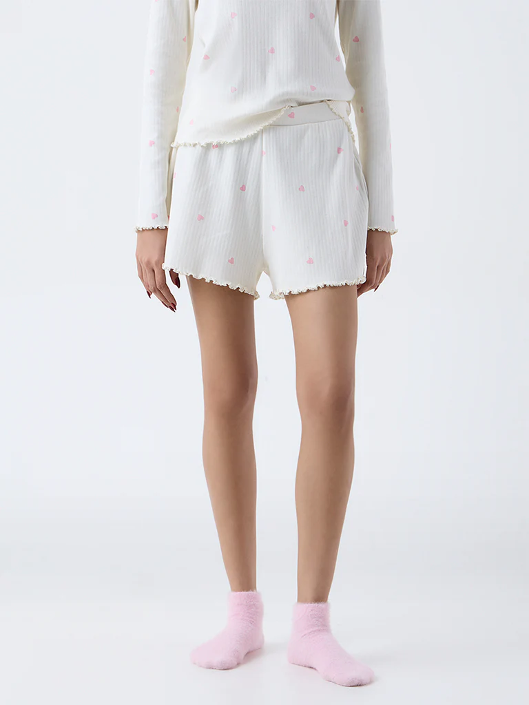 Superstar White Heart-Printed High-Rise Cotton-Blend Shorts - Image 2
