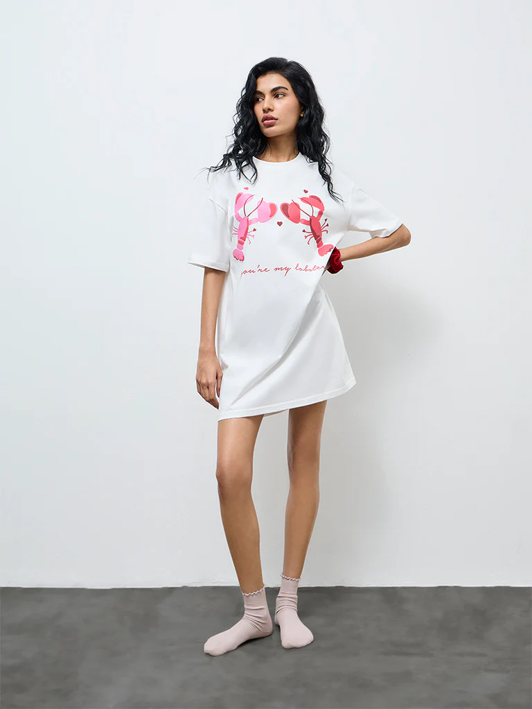 Superstar White Lobster Design Cotton T-Shirt Dress