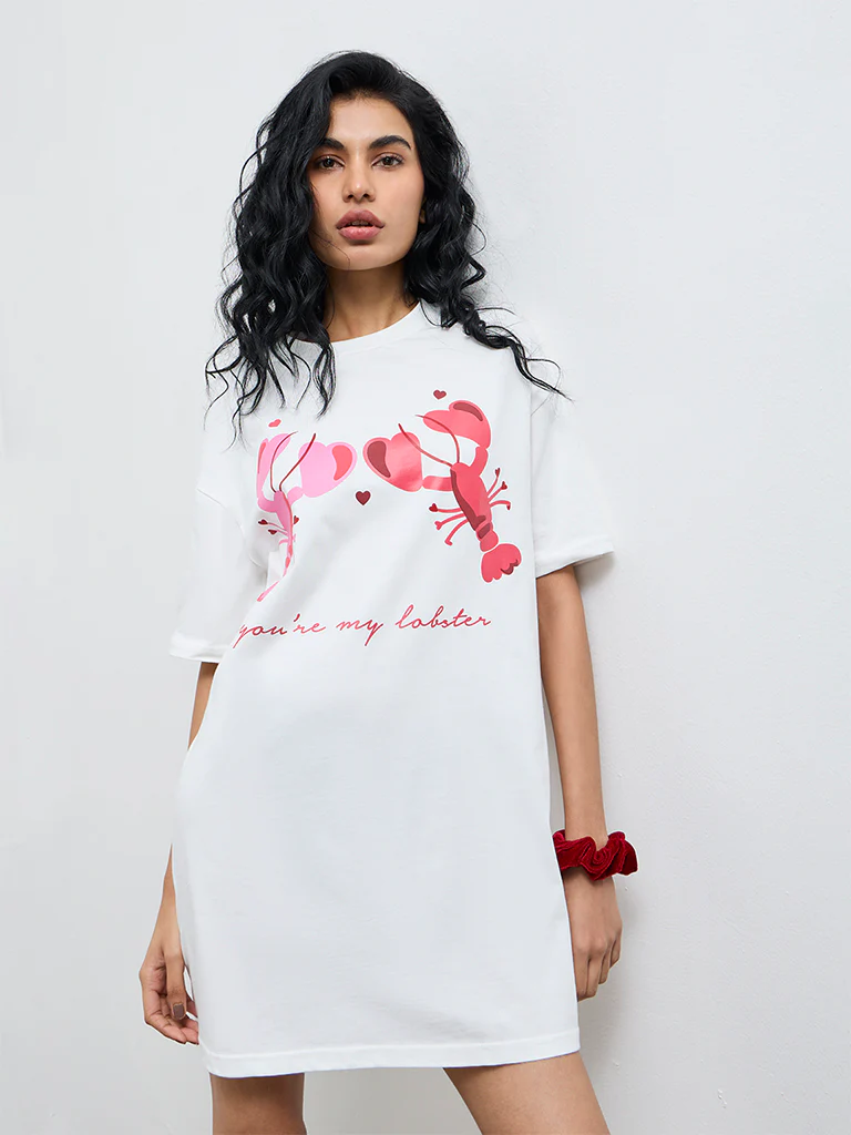 Superstar White Lobster Design Cotton T-Shirt Dress - Image 2