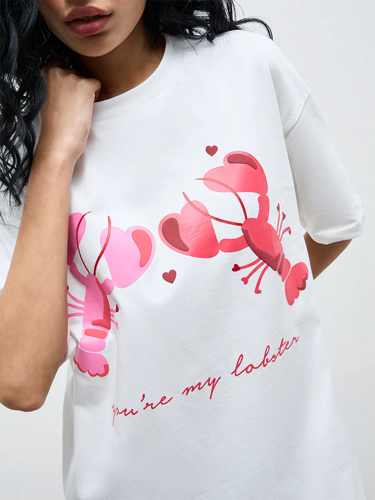Superstar White Lobster Design Cotton T-Shirt Dress - Image 3