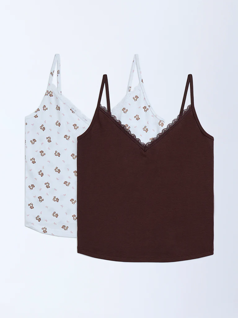 Superstar White Printed Cotton-Blend Camisoles - Pack of 2 - Image 5