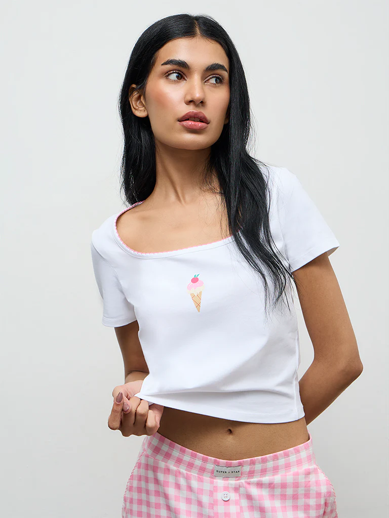 Superstar White Printed Cotton-Blend Top - Image 2