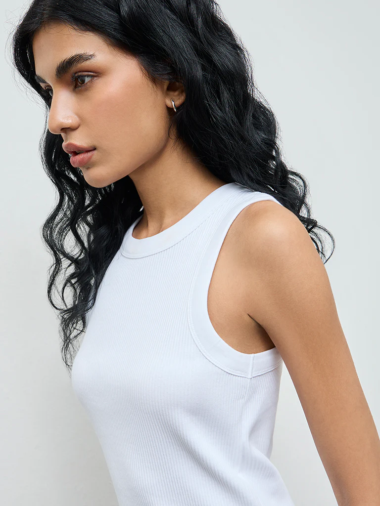 Superstar White Ribbed-Textured Cotton-Blend Tank Top - Image 3