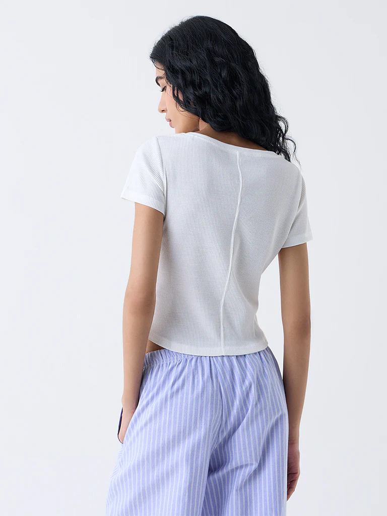 Superstar White Ribbed-Textured Cotton-Blend Top - Image 4