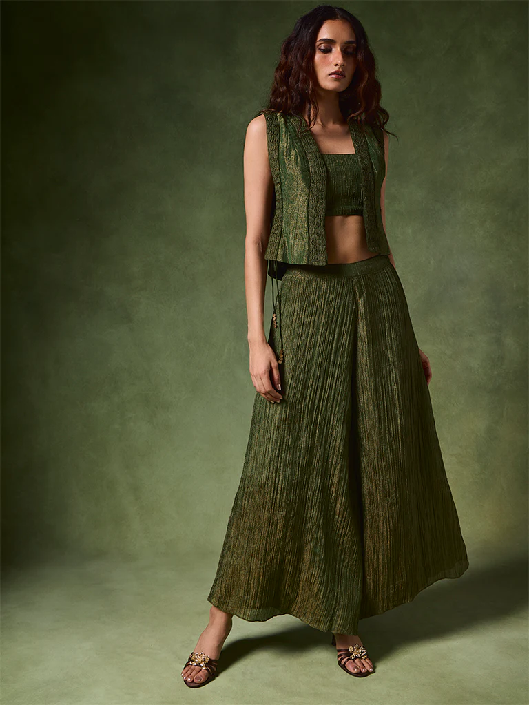 Textured Top, Pants and Camisole Set – Green - Image 2