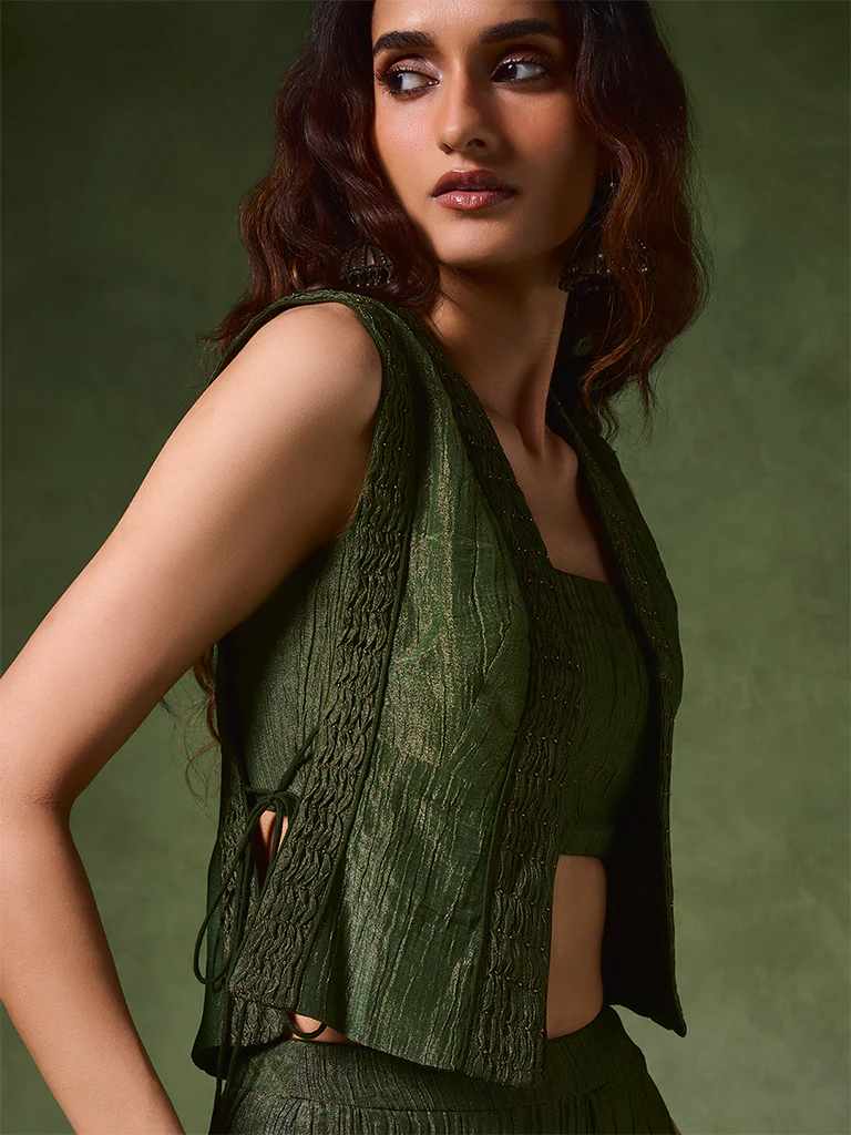 Textured Top, Pants and Camisole Set – Green - Image 3