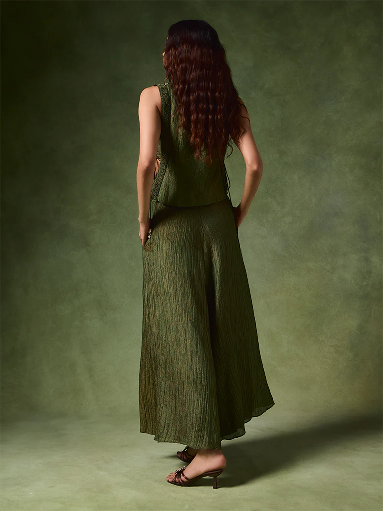 Textured Top, Pants and Camisole Set – Green - Image 4