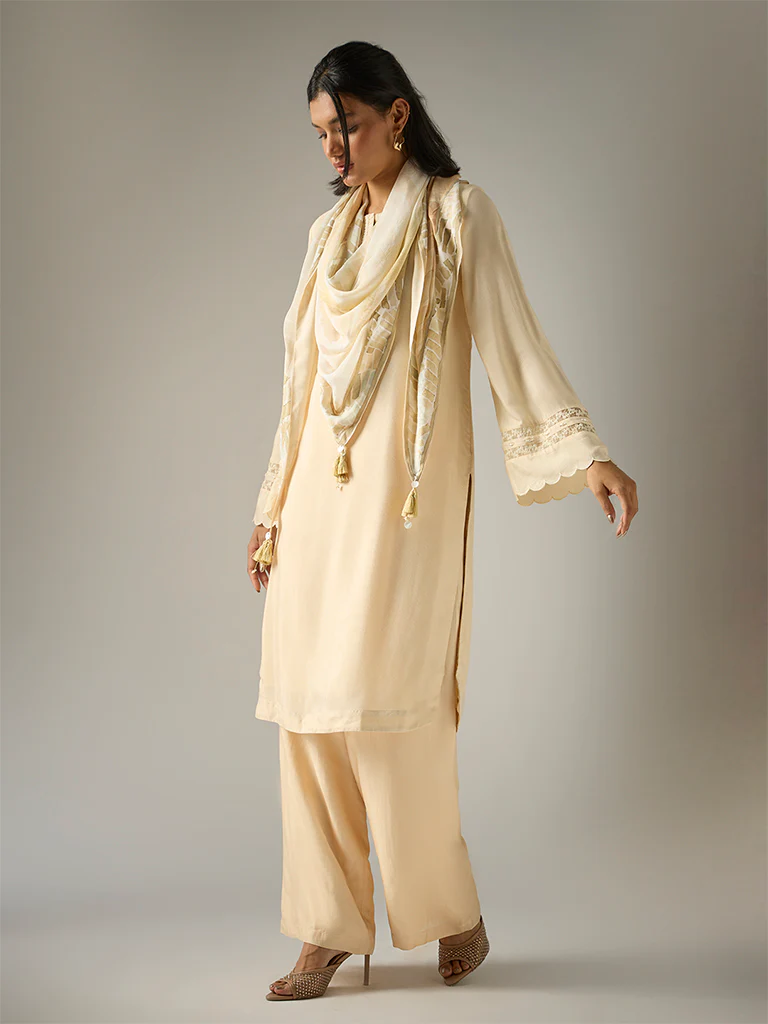 Three Piece Kurta Set β Cream - Image 2