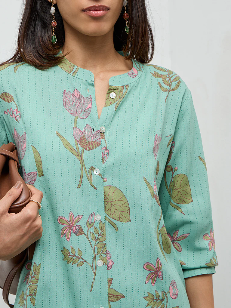Utsa Aqua Botanical Design A-Line Kurta - Image 3