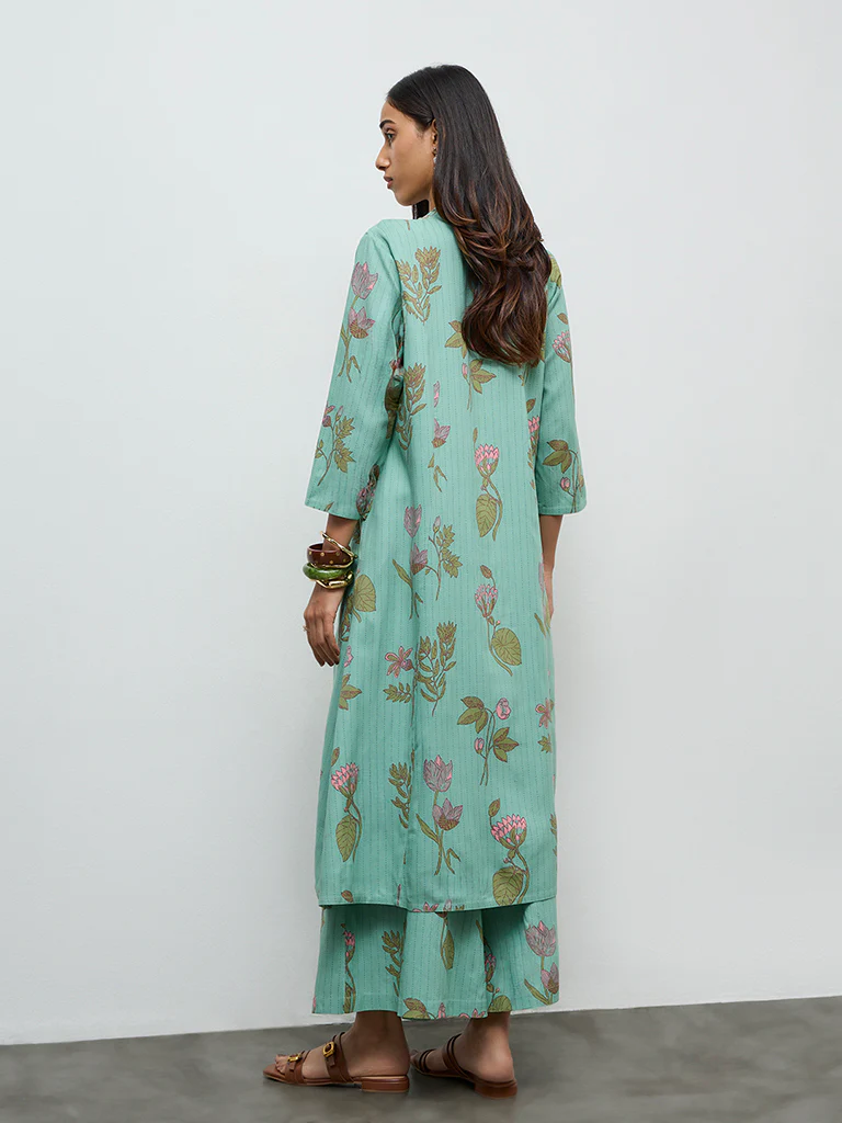 Utsa Aqua Botanical Design A-Line Kurta - Image 4