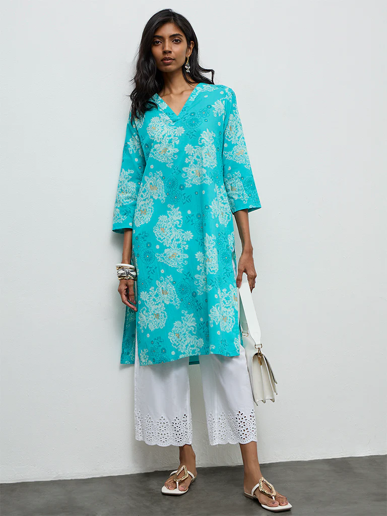 Utsa Aqua Floral Pattern Straight Cotton Kurta