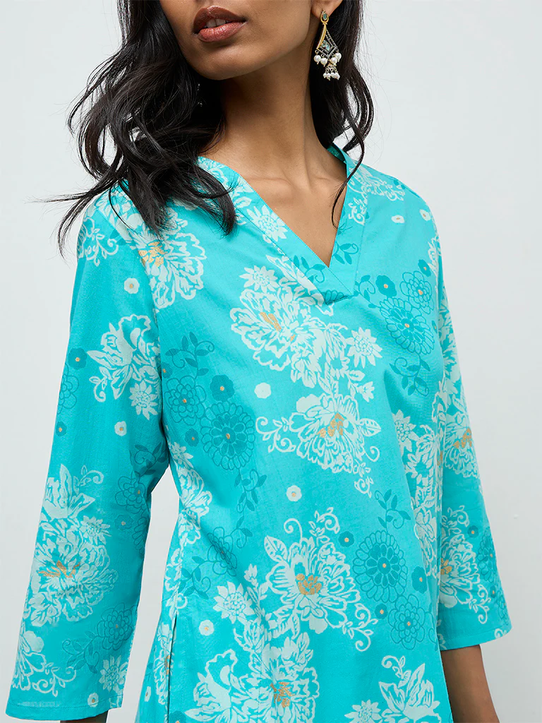 Utsa Aqua Floral Pattern Straight Cotton Kurta - Image 3