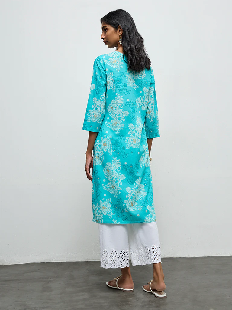 Utsa Aqua Floral Pattern Straight Cotton Kurta - Image 4