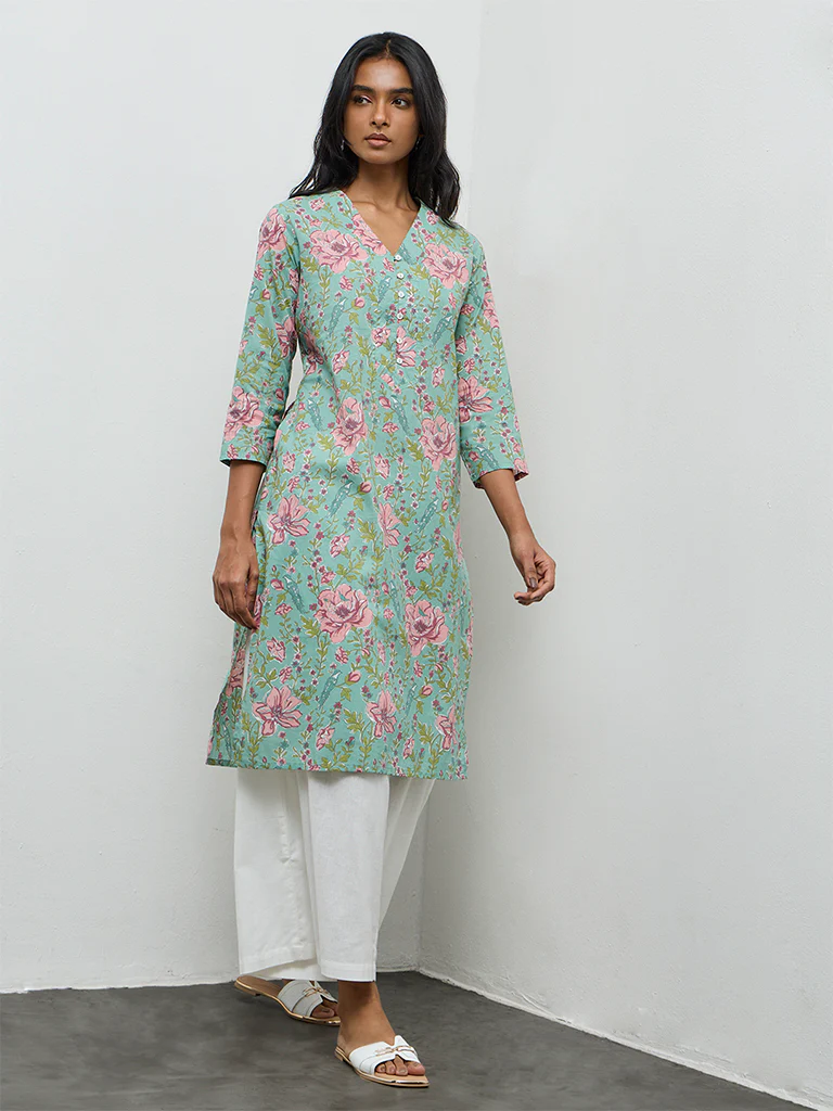 Utsa Aqua Floral Printed Cotton Straight Kurta - Image 2