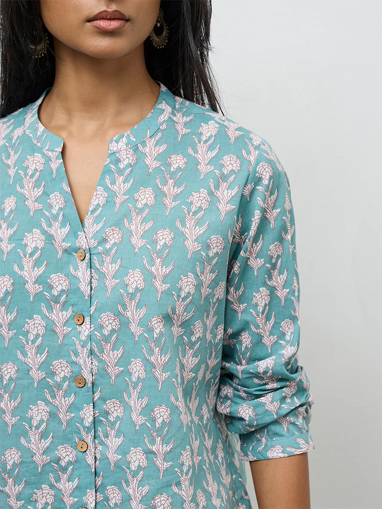 Utsa Aqua Floral Printed Cotton Tunic - Image 3