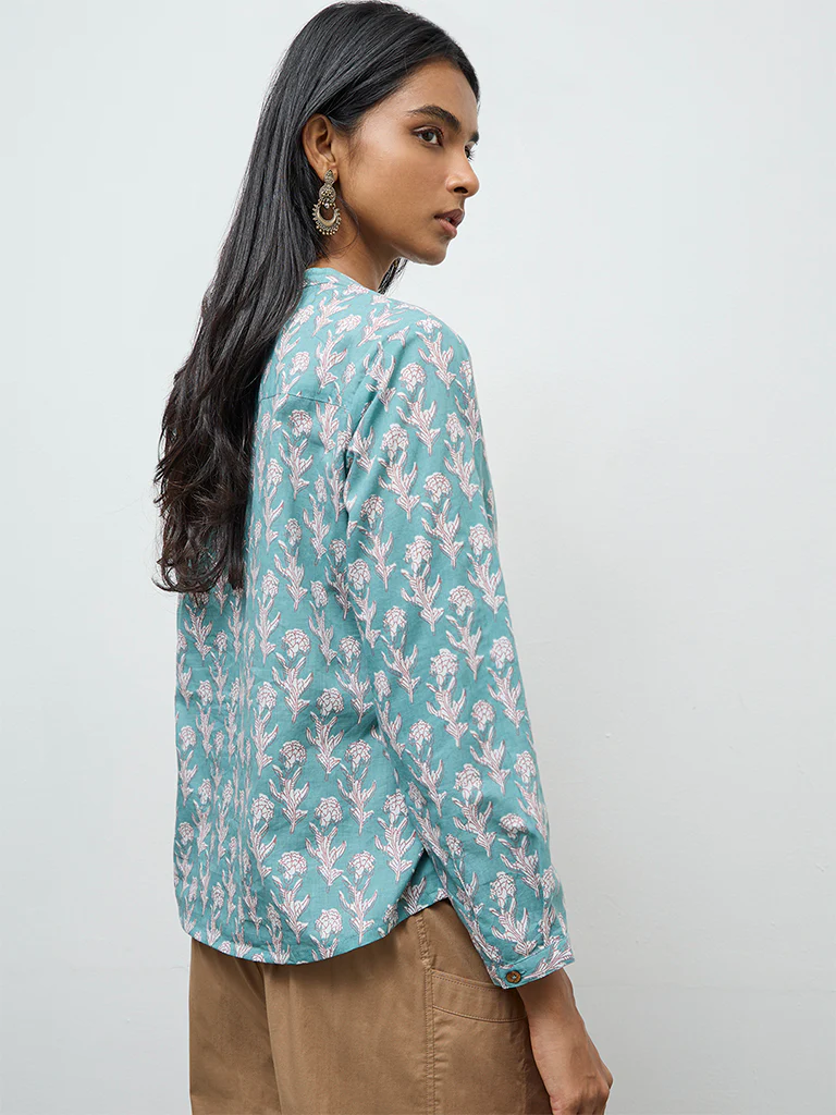 Utsa Aqua Floral Printed Cotton Tunic - Image 4