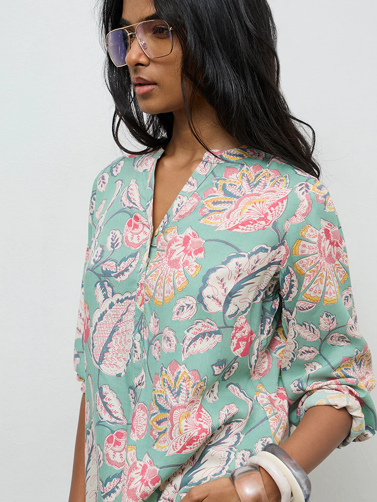 Utsa Aqua Floral Printed Tunic - Image 3