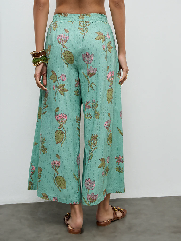 Utsa Aqua Foliage Pattern Palazzos - Image 3