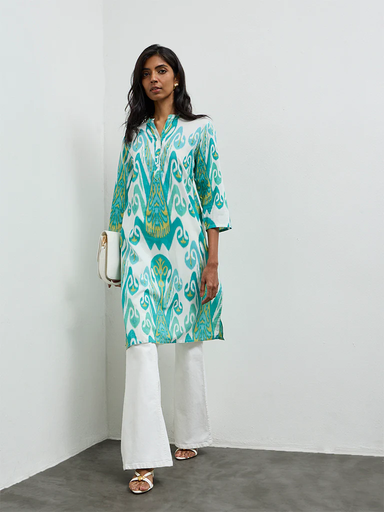 Utsa Aqua Printed A-Line Cotton Kurta