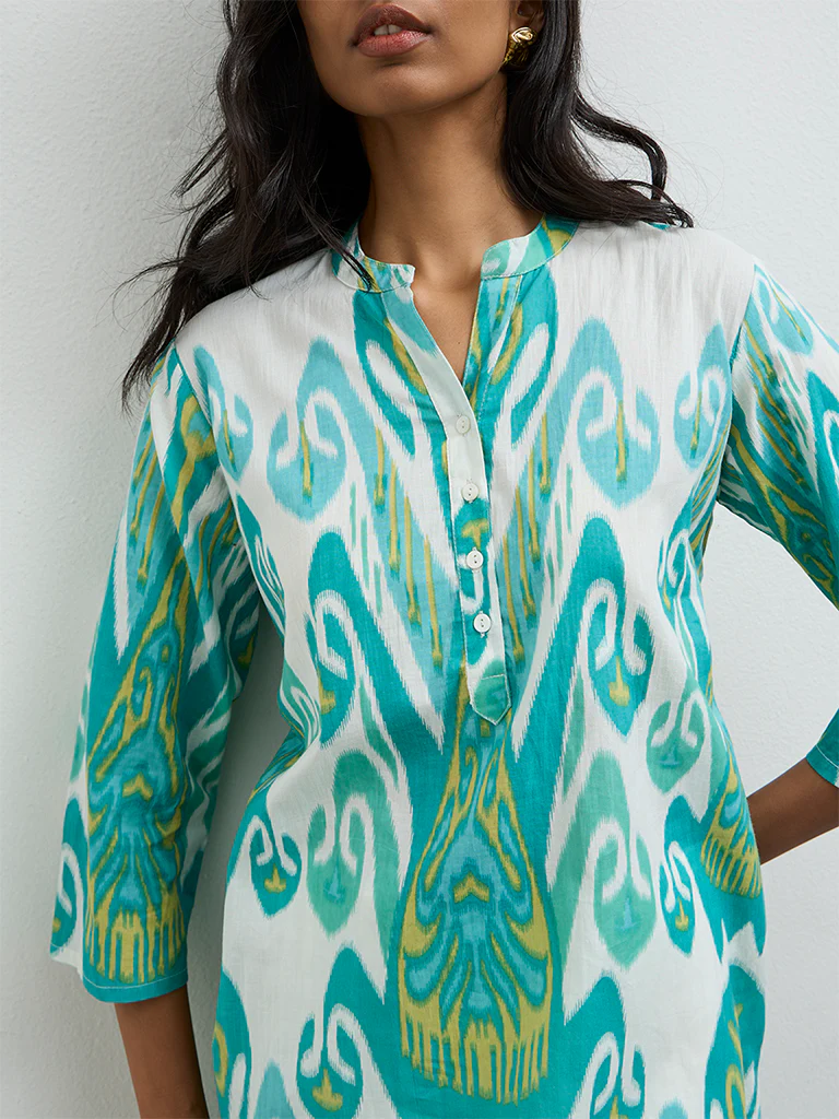Utsa Aqua Printed A-Line Cotton Kurta - Image 3