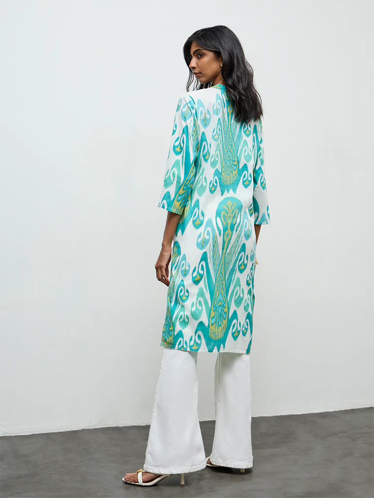 Utsa Aqua Printed A-Line Cotton Kurta - Image 4