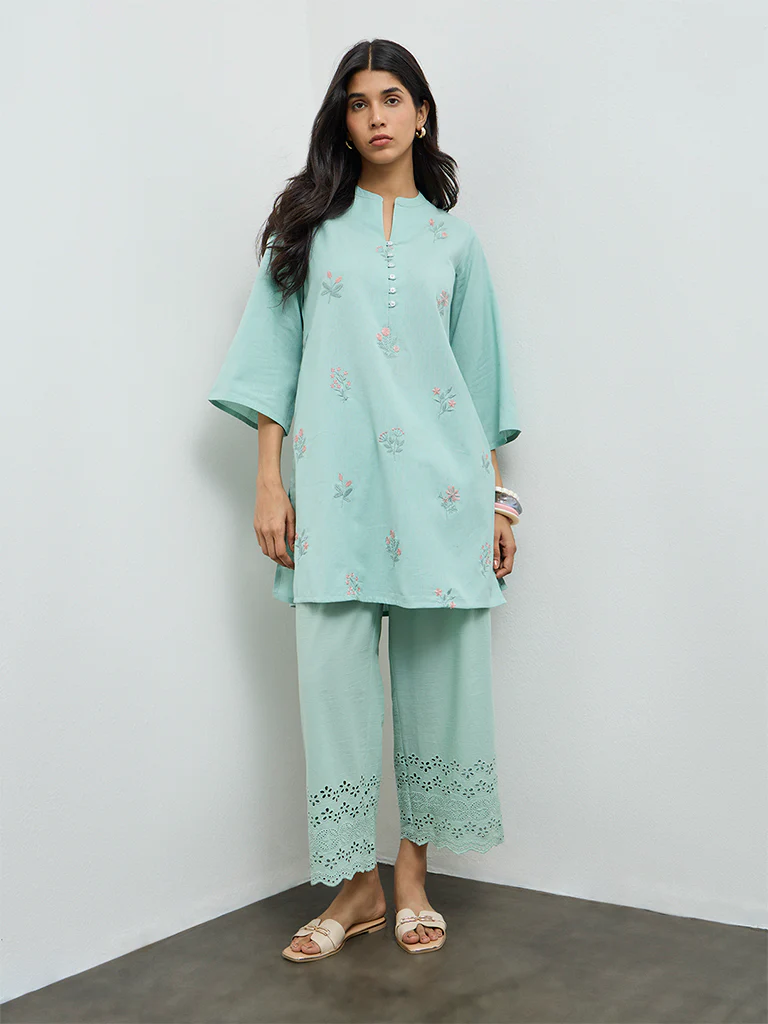 Utsa Aqua Schiffli Embroidered Cotton-Blend Pants - Image 2