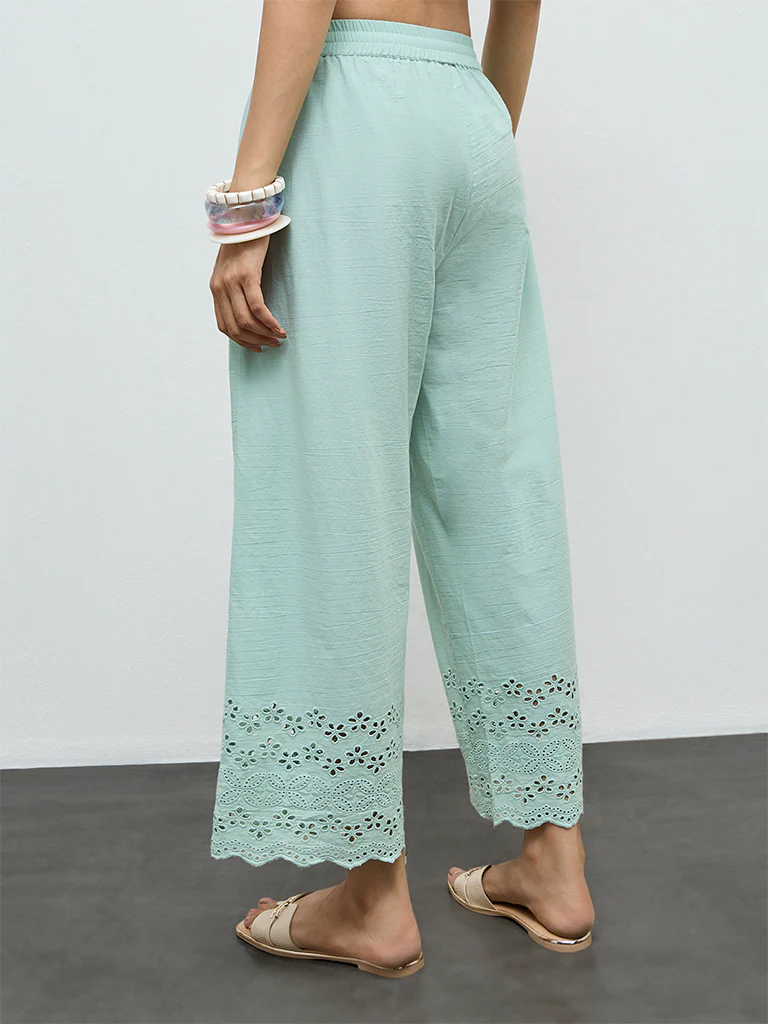 Utsa Aqua Schiffli Embroidered Cotton-Blend Pants - Image 4
