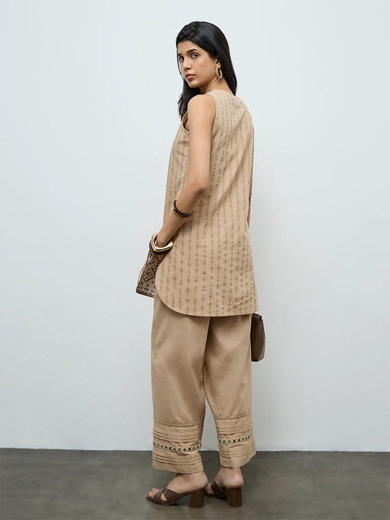Utsa Beige Aztec Embroidered Cotton-Blend Straight Kurti - Image 4