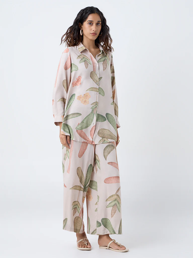 Utsa Beige Botanical Printed Palazzos - Image 2