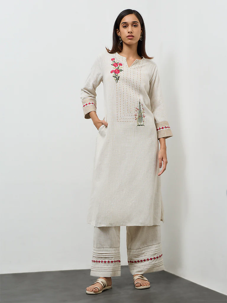 Utsa Beige Embroidered Cotton A-Line Kurta - Image 2