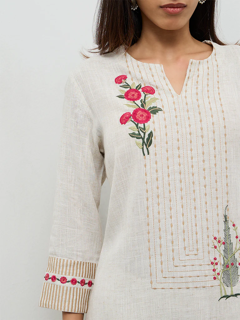 Utsa Beige Embroidered Cotton A-Line Kurta - Image 3
