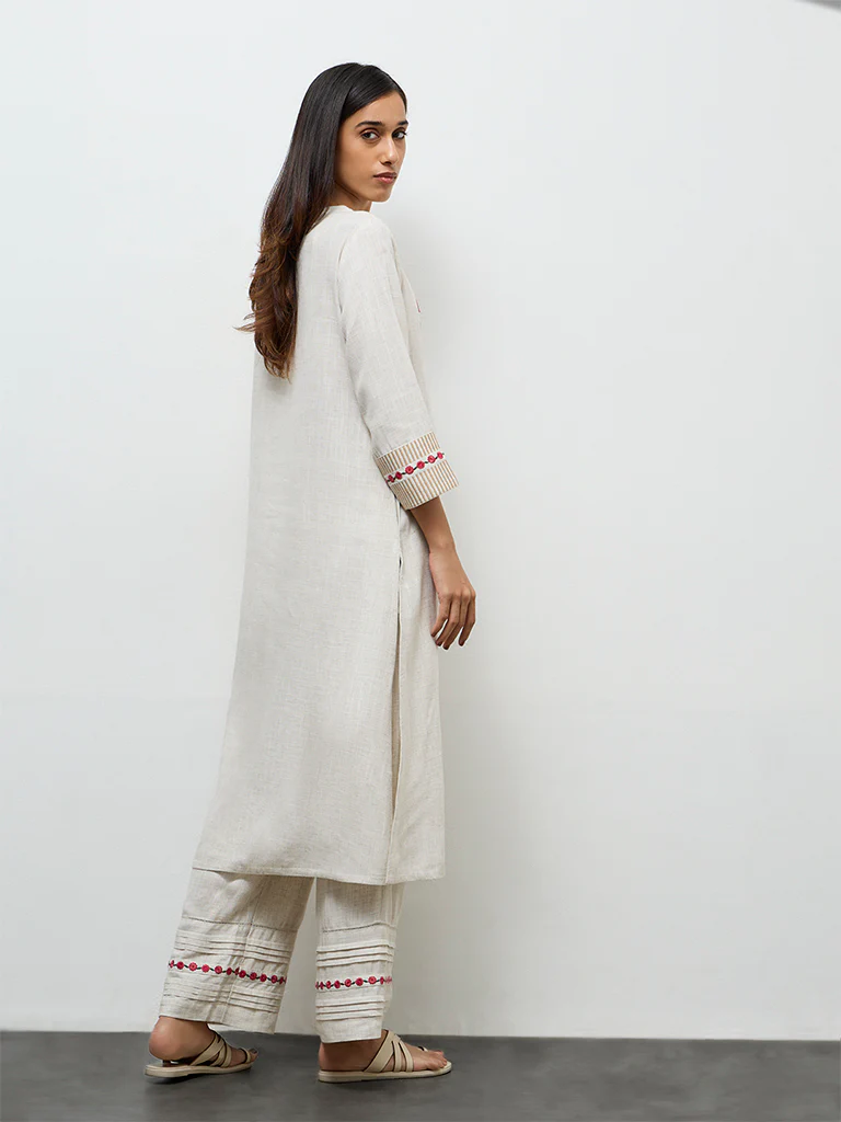 Utsa Beige Embroidered Cotton A-Line Kurta - Image 4