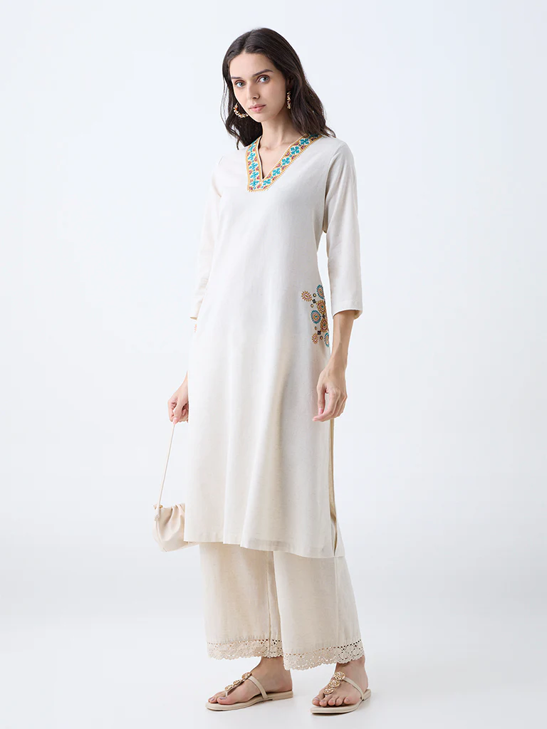 Utsa Beige Embroidered Cotton-Blend A-Line Kurta - Image 2