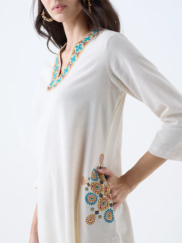 Utsa Beige Embroidered Cotton-Blend A-Line Kurta - Image 3