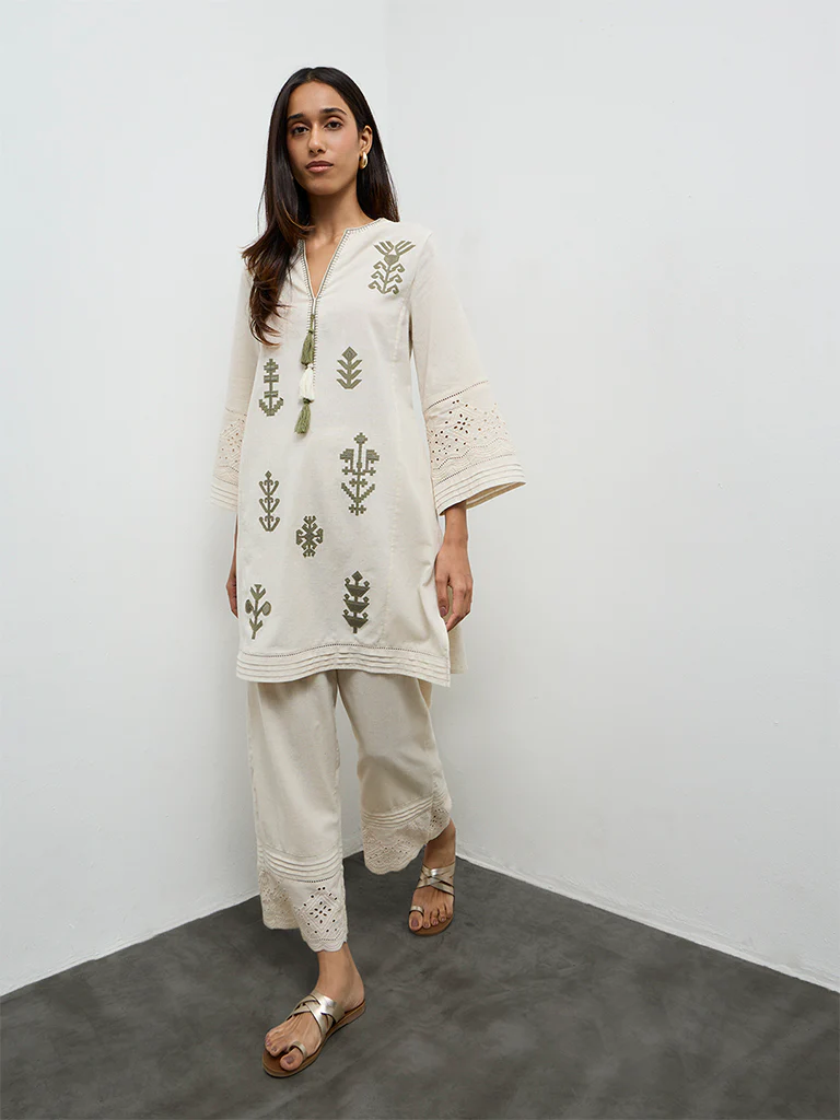 Utsa Beige Embroidered Cotton-Blend A-Line Kurta - Image 2