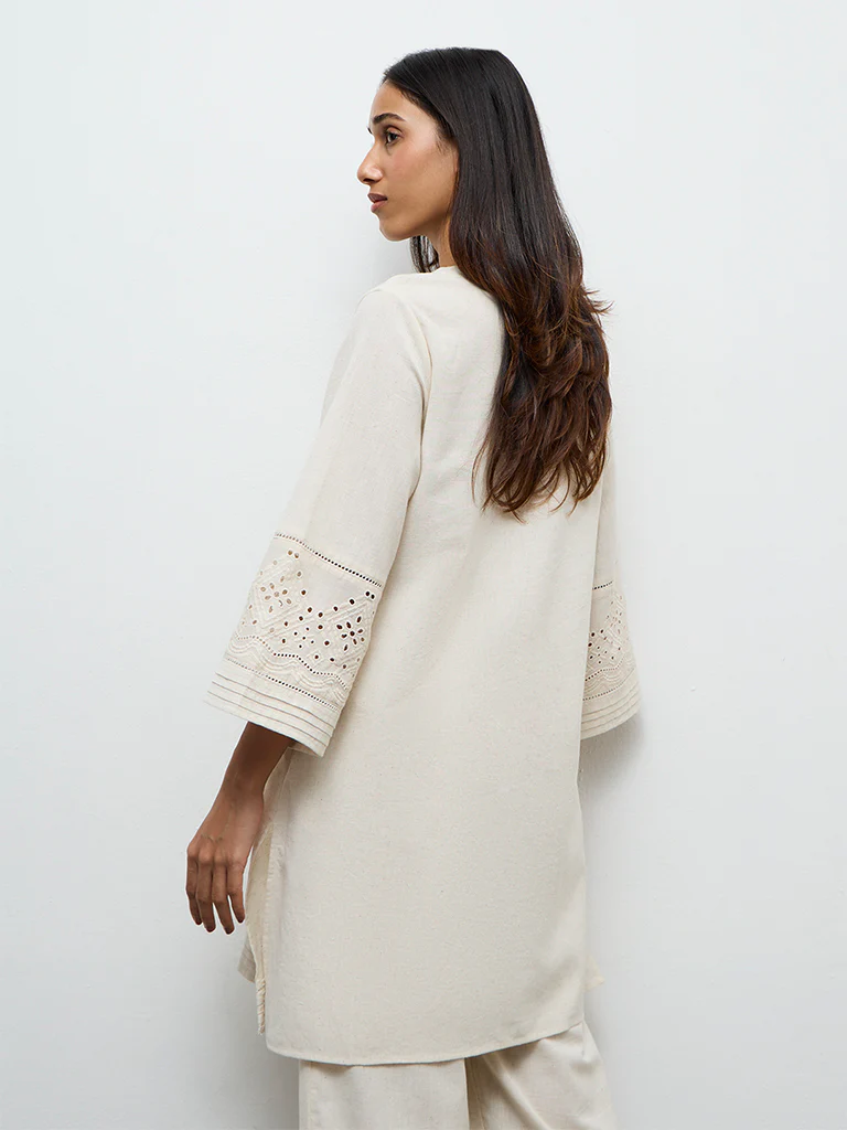 Utsa Beige Embroidered Cotton-Blend A-Line Kurta - Image 4