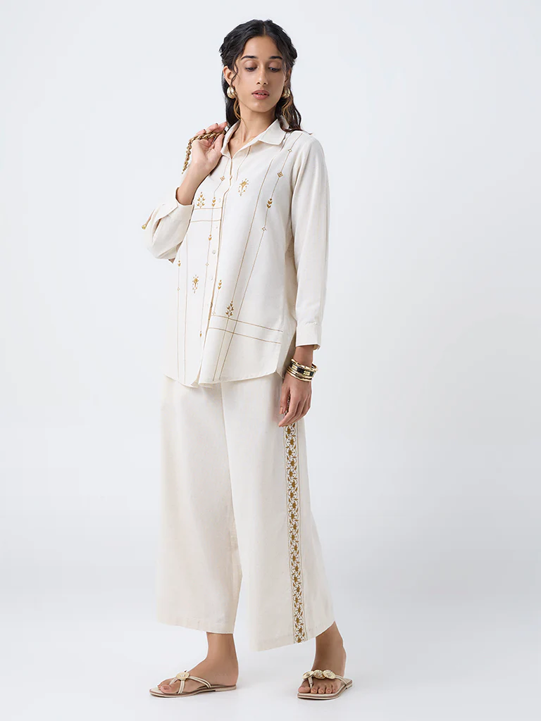 Utsa Beige Embroidered Cotton-Blend Palazzos - Image 2