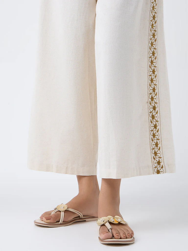 Utsa Beige Embroidered Cotton-Blend Palazzos - Image 3