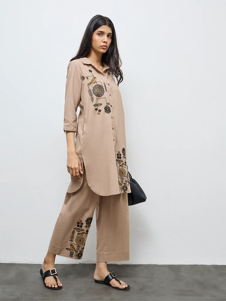 Utsa Beige Embroidered Cotton Pants - Image 2