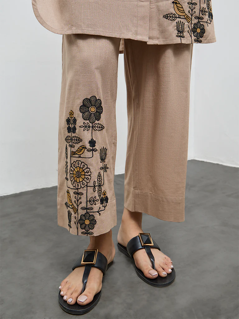 Utsa Beige Embroidered Cotton Pants - Image 3