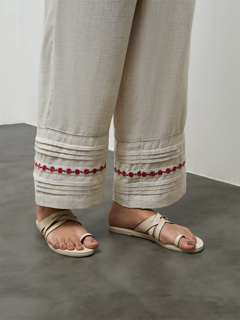Utsa Beige Embroidered Pants - Image 3