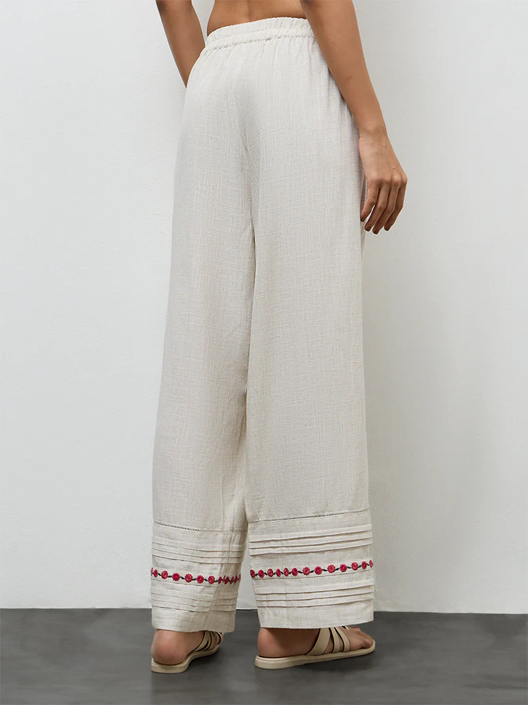 Utsa Beige Embroidered Pants - Image 4