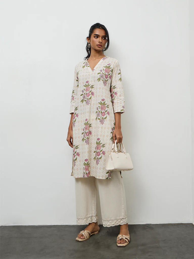 Utsa Beige Floral Design Cotton A-Line Kurta - Image 2