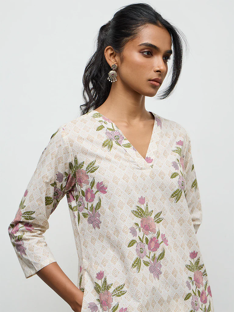 Utsa Beige Floral Design Cotton A-Line Kurta - Image 3