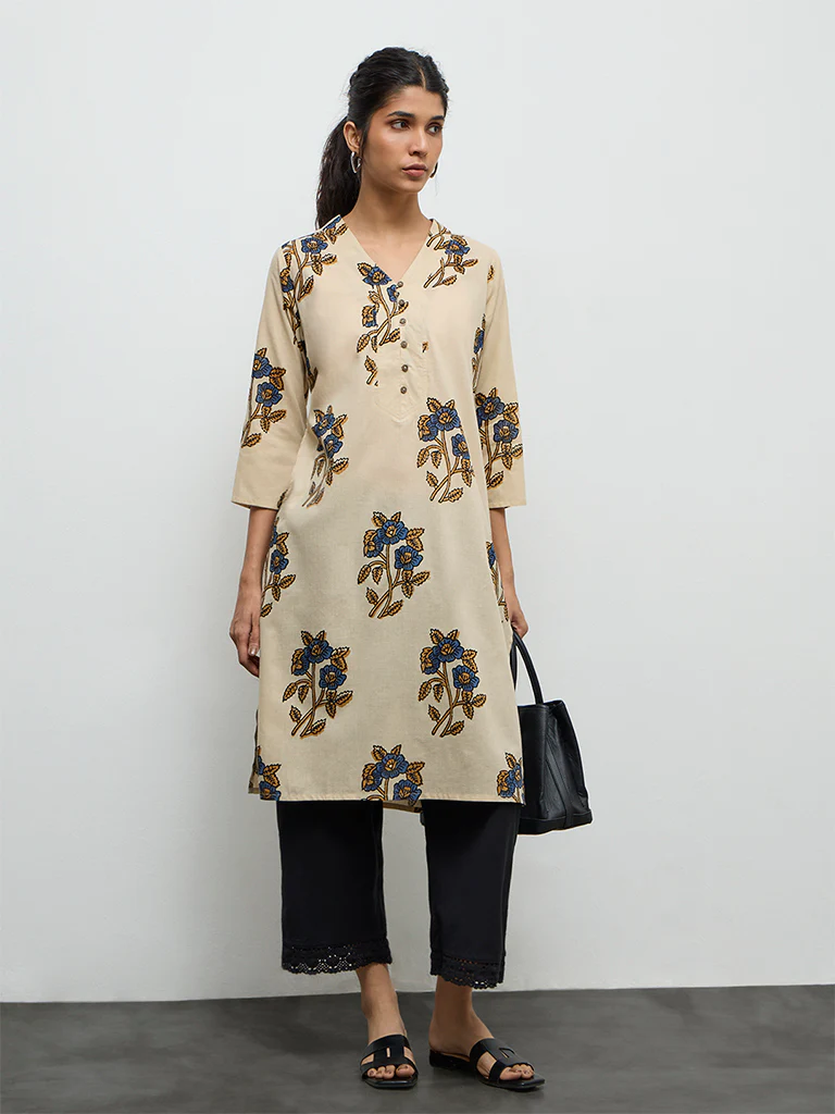 Utsa Beige Floral Design Cotton Straight Kurta