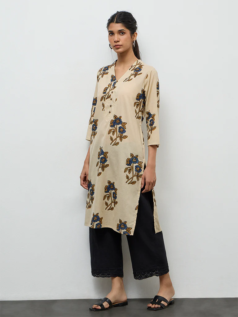 Utsa Beige Floral Design Cotton Straight Kurta - Image 2
